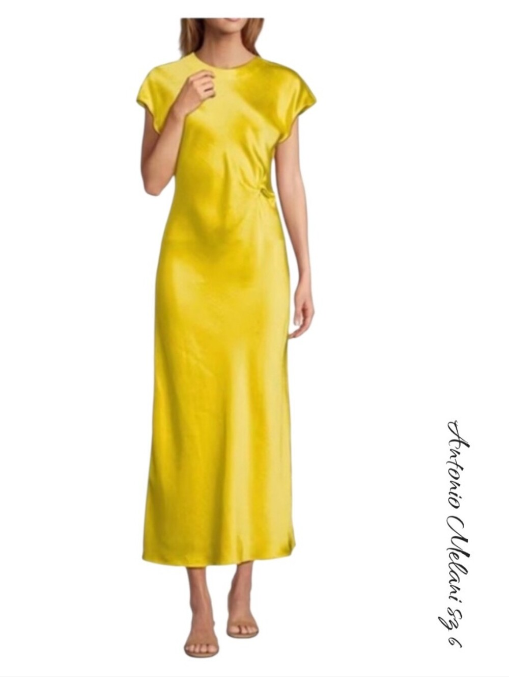 NWT Antonio Melani Myla Yellow Drapey Satin Short Sleeve Maxi Dress Sz 6